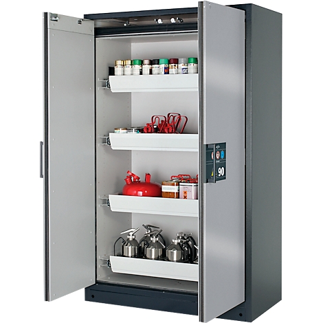 A steel cabinet with open doors, filled with chemicals and equipment. Shelves with bottles, red painted container and fire extinguishers.