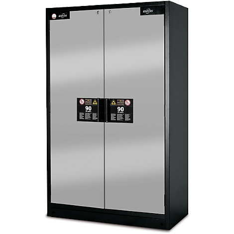 Cabinet with two doors and stickers. The cabinet is silver, the trim is black. There are stickers with the number 90 on the doors.