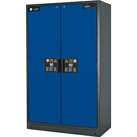 Blue steel cabinet with two doors, black handles and warning signs. Inscription: 90.
