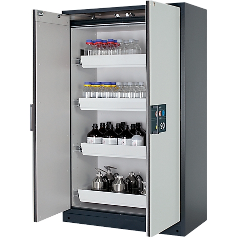 A steel cabinet with open doors, filled with bottles. On the door, an indicator showing the number 90 is visible.