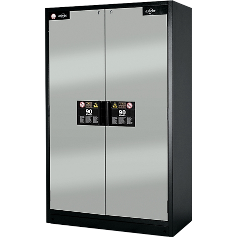 Double-door cabinet, 90 minutes fire protection. Black frame, silver doors. Stickers with warning symbols.
