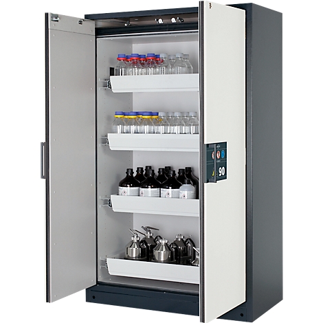 Opened laboratory cabinet with chemical bottles and canisters.