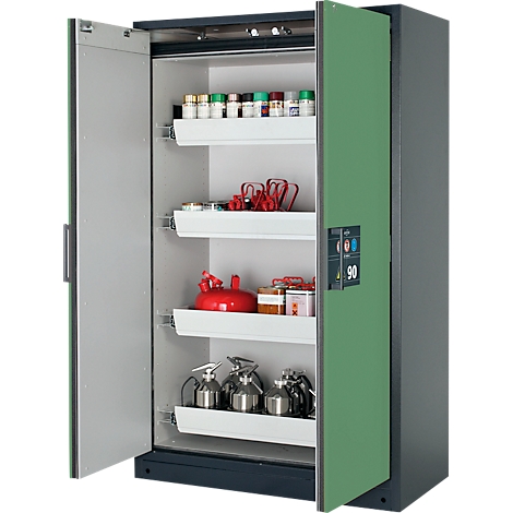 Open security cabinet with open doors, containing chemicals and containers. Green door on the right, grey on the left.
