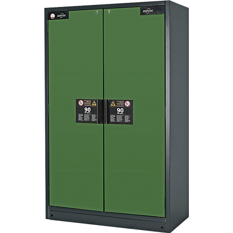Green, lockable cabinet with warning signs. Double doors, metal frame. On the doors: warning symbols, "90".