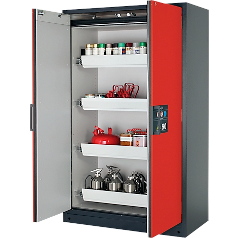 Open cabinet with red doors. Shelves with bottles, containers, and canisters. Gray on the left, red on the right, label 90.