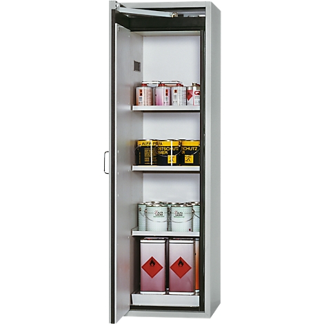 Open grey safety cabinet with several shelves filled with paint buckets, cans and canisters. The door is open.