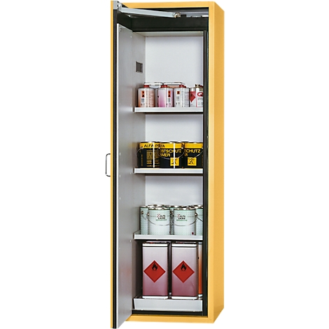 Yellow safety cabinet, door open, filled with paint cans and hazardous material containers.
