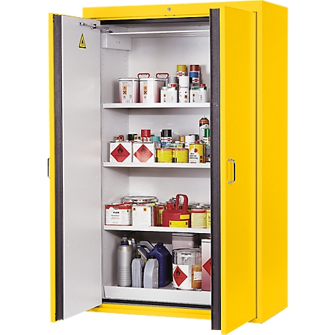 Yellow cabinet, open, filled with chemicals and hazard symbols.