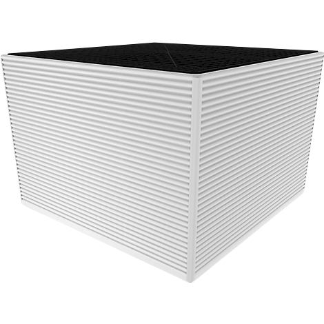 Cuboid, corrugated white filter with black, perforated top.