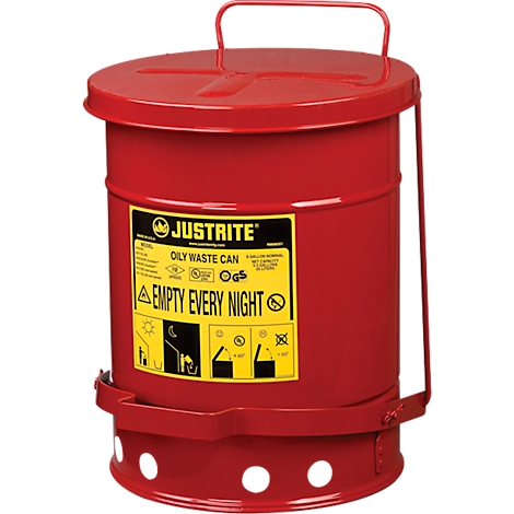 Red metal oily waste can with lid and handle. Marked "OILY WASTE CAN. EMPTY EVERY NIGHT".