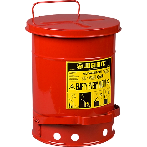 Red oily waste can with lid and handle. Text reads: "JUSTIRTE" and "EMPTY EVERY NIGHT."