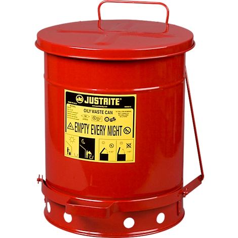 Red, round container with lid and handle, yellow label with "EMPTY EVERY NIGHT" inscription. Holes at the bottom.