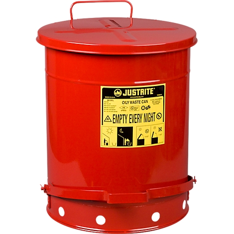 Red oily waste can with lid and handle, yellow warning sign: "EMPTY EVERY NIGHT".