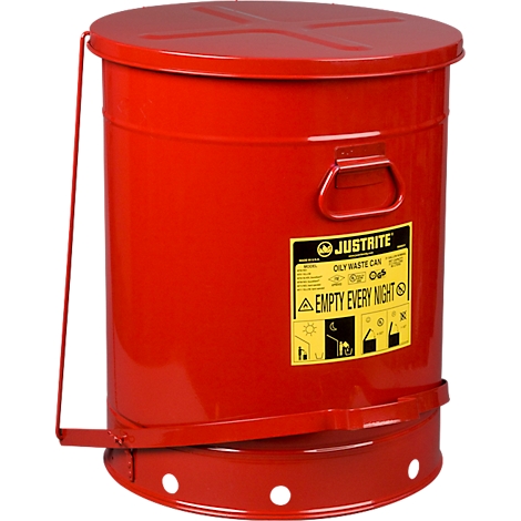 Red, round waste container with lid. Sticker: "JUSTRITE", "EMPTY EVERY NIGHT".