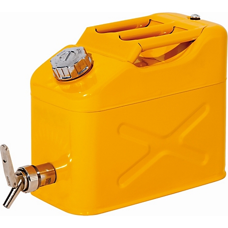 Yellow metal canister with tap and handles. Chromed closure on the top left, two handles on the right.