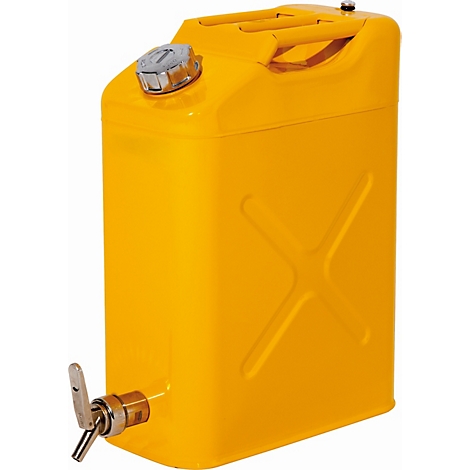 Yellow canister with tap and handle. There is a screw cap on the lid.