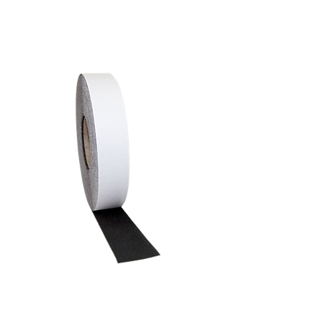 A roll of double-sided tape, partially unrolled, with a black adhesive surface, on a white background.