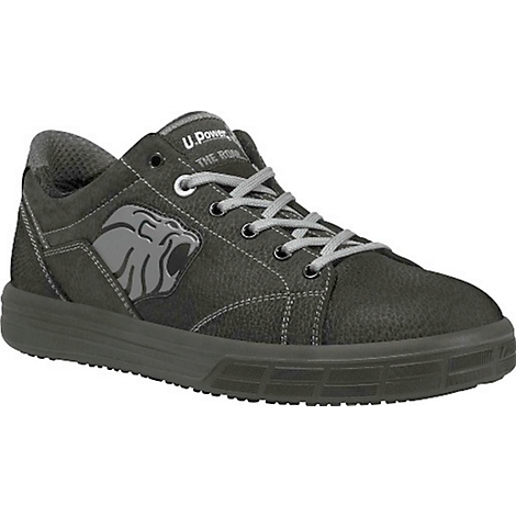 Dark grey safety shoe with laces, logo and the inscription: U.Power The Road.
