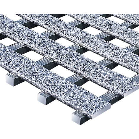 Grating made of gray textured material with dark metal bars.