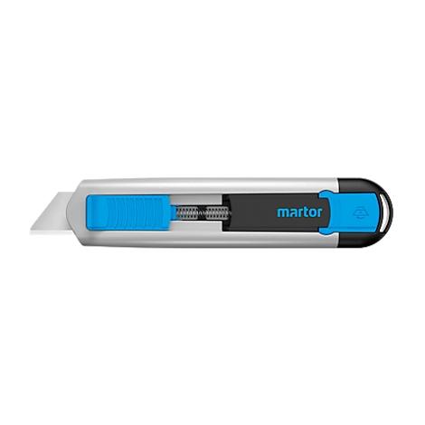 A silver utility knife with blue and black accents. The "martor" logo is clearly visible.