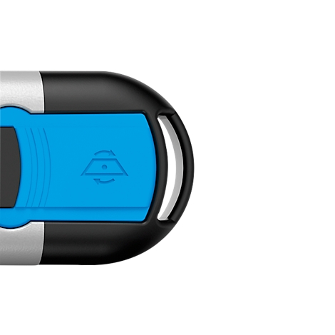 Blue and black device with white detail. Symbol with arrows on blue field.