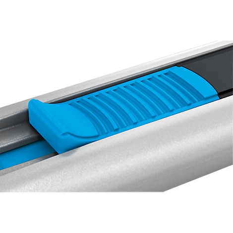 Close-up of a blue slider on a silver cutter. The slider has grooves and an ergonomic shape.