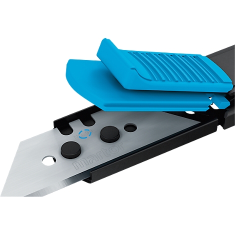 Close-up of a utility knife. The blade is silver, the blue housing is open.
