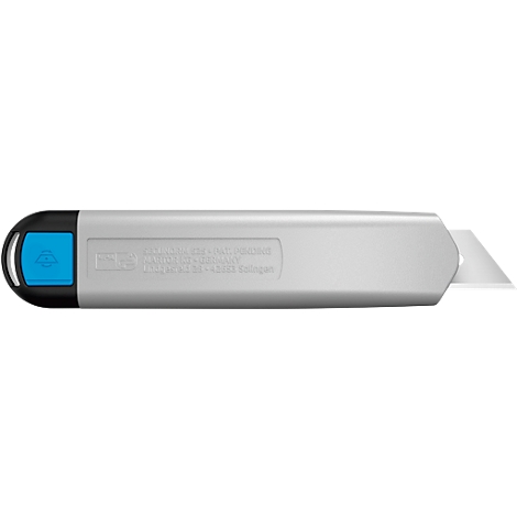 Gray cutter with black end and blue button. A white cutter blade protrudes. Text.