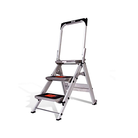 A silver step ladder with three steps and a black handle on a white background.