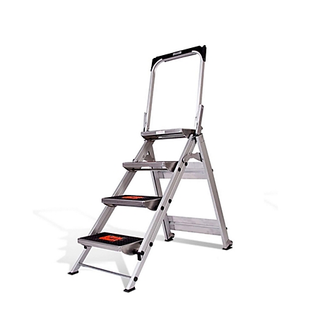 A silver step ladder with 4 steps, a handrail, and non-slip treads.