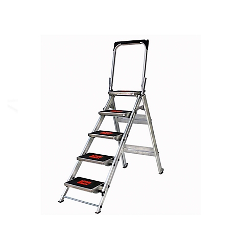 A silver step ladder with five steps stands against a white background. Black treads with red lettering.
