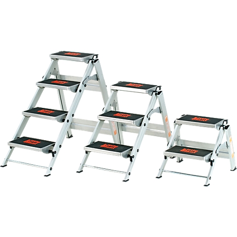 Various sizes of metal step ladders, with black treads and an orange logo.