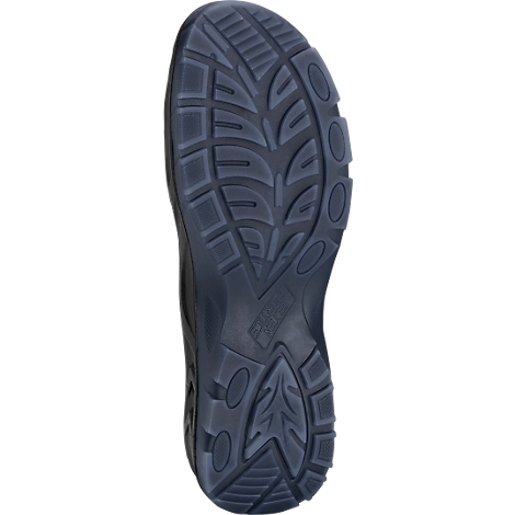 Close-up of a black shoe sole with deep tread designed for good grip on various surfaces.