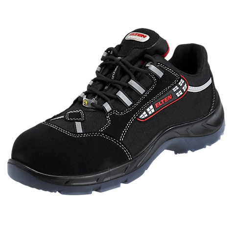 Black safety shoe with laces. Reflective stripes and the 'ELTEN' logo are visible.
