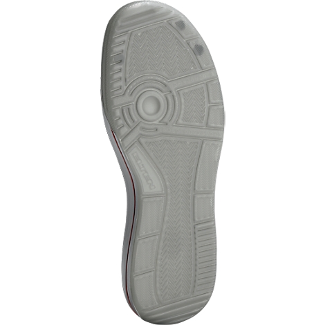 View of the shoe sole of a white sneaker. The sole pattern is detailed and in gray.
