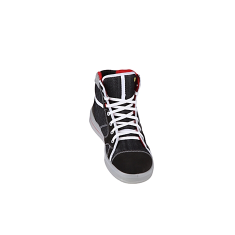Black high-top sneaker with white laces, red lining and white sole, on a white background.