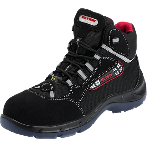 Black work boot from Elten. High shaft, lacing, red accents and reflective stripes.