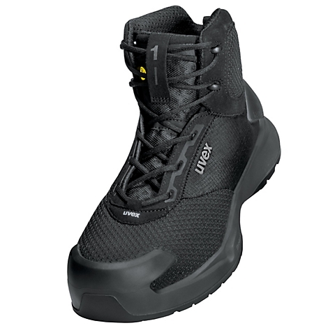 Black safety shoe by Uvex, with laces, high shaft and reinforced toe cap.