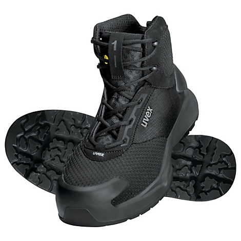 Black safety shoe with laces and Uvex logo.