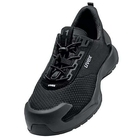 Black safety shoe with laces, Uvex brand. Details: mesh, rubber cap and sole.