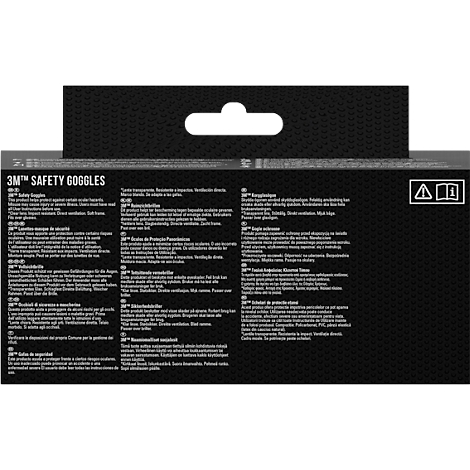 Back of a black package with text and logo for safety goggles.