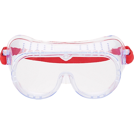 Transparent safety glasses with a red band. Glasses have two round lenses, above the lenses is a red band and a red elastic band.