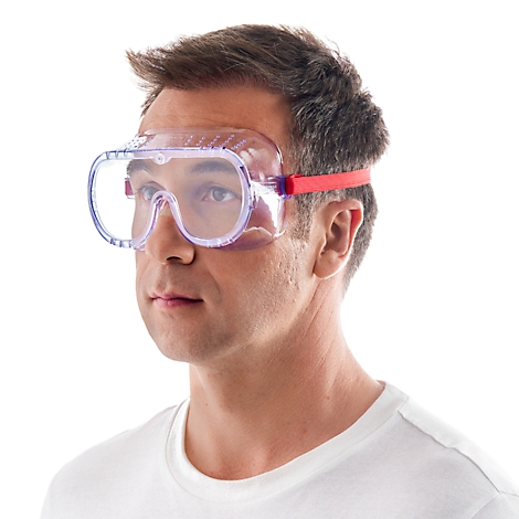 A man wearing safety goggles, against a white background.
