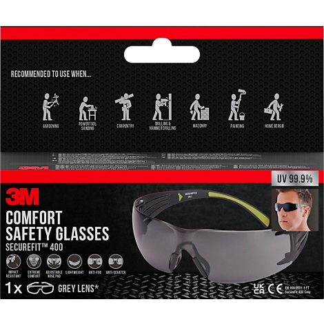 3M safety glasses. The package features symbols for various applications, along with a sample image of the product.