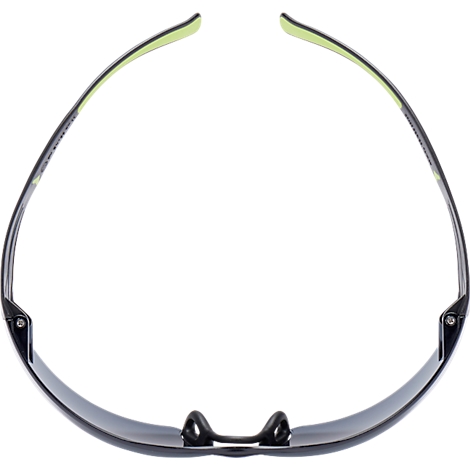 Top view of black sports sunglasses with green temple tips.