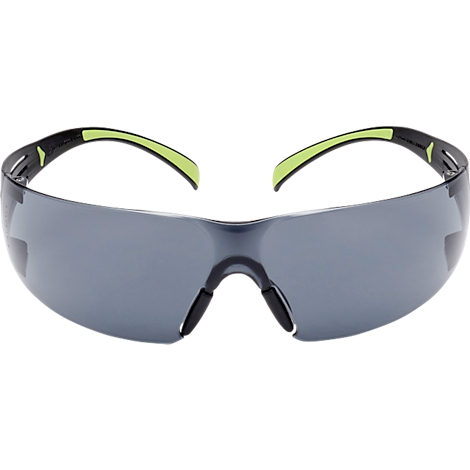 Safety glasses with gray lenses, black frame, and neon green temples.