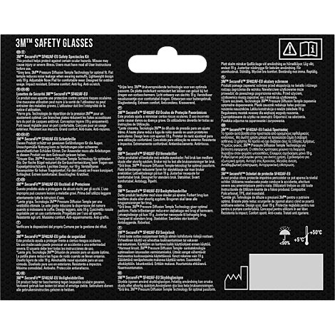 Back of 3M safety glasses packaging, black with text in multiple languages.