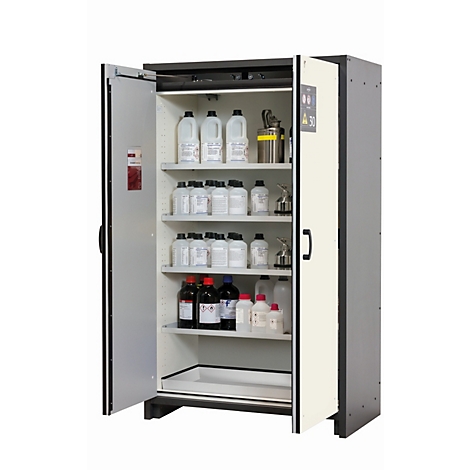 Open lab cabinet with chemical bottles, spray devices. Black frame, cream-colored door. Stickers with warning information. White shelves.