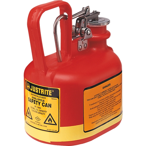 Red safety can with handle and silver closure. Yellow labels with warnings and product information.
