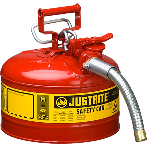 Red safety can with yellow sticker. Text: JUSTRITE SAFETY CAN. Flexible spout.